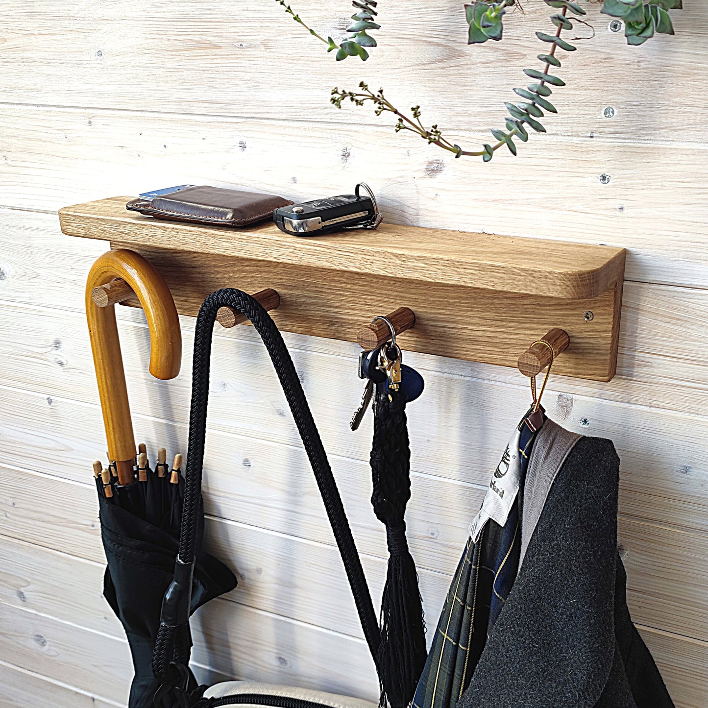 🪵 Wooden Coat Hooks with Floating Shelf
