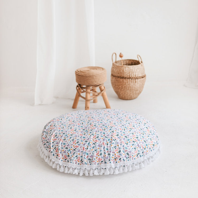 Fituraa Floral Floor Cushion – White Cotton Round Pillow for Kids (100 cm)