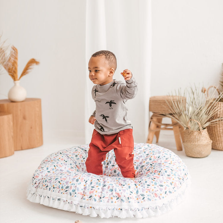 Fituraa Floral Floor Cushion – White Cotton Round Pillow for Kids (100 cm)