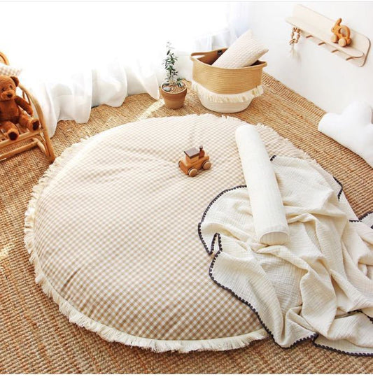 Fituraa Soft Gingham Baby Play Mat – 95cm Round Padded Floor Rug with Fringe Edging