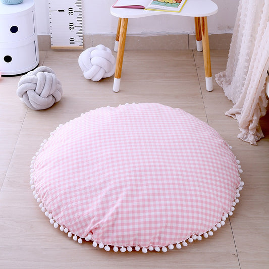 Fituraa Pink Gingham Baby Play Mat – 95cm Round Padded Floor Rug with Pom-Pom Trim