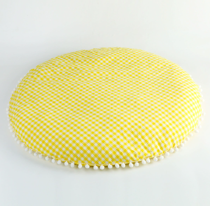 Fituraa Yellow Gingham Baby Play Mat – 95cm Round Padded Floor Rug with Pom-Pom Trim