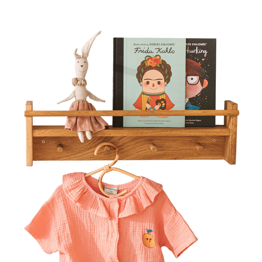 🪵 Wooden Coat Hooks with Shelf + No-Fall Rail