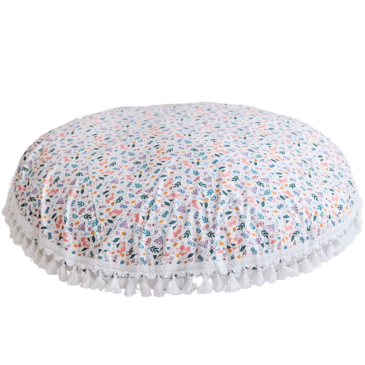 Fituraa Floral Floor Cushion – White Cotton Round Pillow for Kids (100 cm)