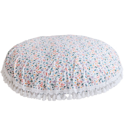 Fituraa Floral Floor Cushion – White Cotton Round Pillow for Kids (100 cm)