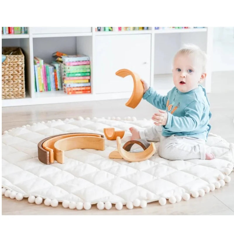 Fituraa Kids Playmat – Ecru Round Cotton Floor Mat with Pompom Border
