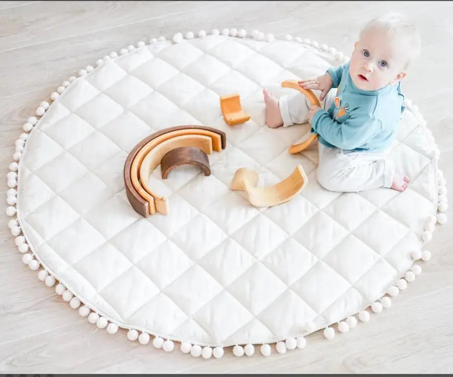 Fituraa Kids Playmat – Ecru Round Cotton Floor Mat with Pompom Border