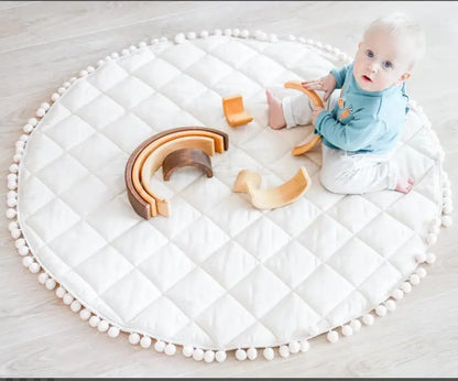 Fituraa Kids Playmat – Ecru Round Cotton Floor Mat with Pompom Border