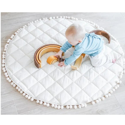 Fituraa Kids Playmat – Ecru Round Cotton Floor Mat with Pompom Border