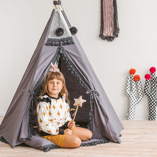 Fituraa™ Grey Kids Teepee Tent with Pompoms