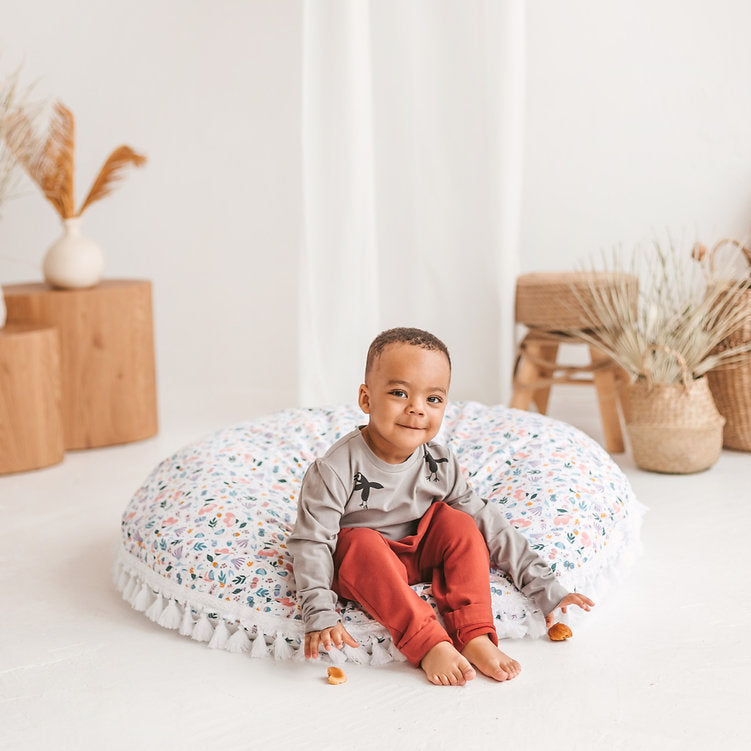 Fituraa Floral Floor Cushion – White Cotton Round Pillow for Kids (100 cm)