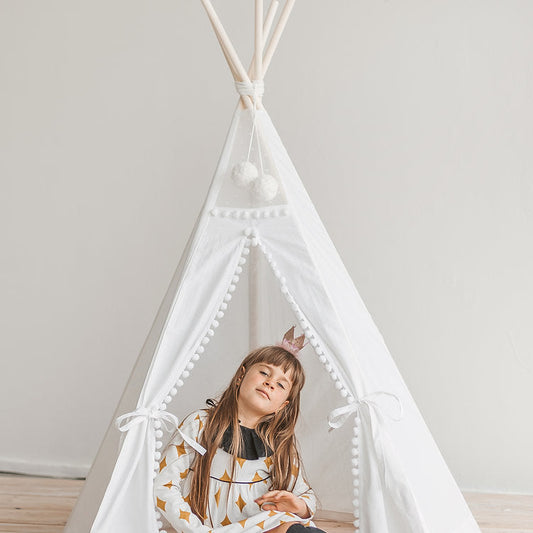 Fituraa™ Original White Kids Teepee Tent with Pompoms