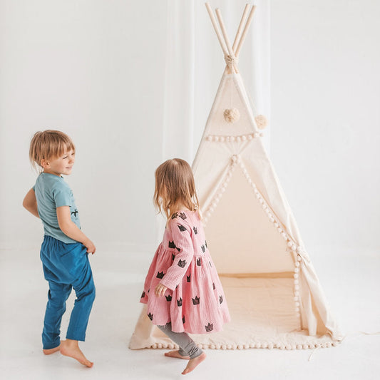 Square Kids’ Teepee Tent with Play Mat – Ecru with Pom-Poms