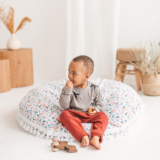 Fituraa Floral Floor Cushion – White Cotton Round Pillow for Kids (100 cm)